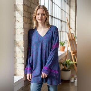 Spirit 70s Go-Go Dress/Tunic Blue Purple L, Flared Bell Sleeves Furry Cuffs